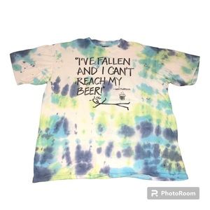 Vintage Tie Dye Fallen And Cant Reach My Beer Mrs. Fletcher T Shirt XL Oneita